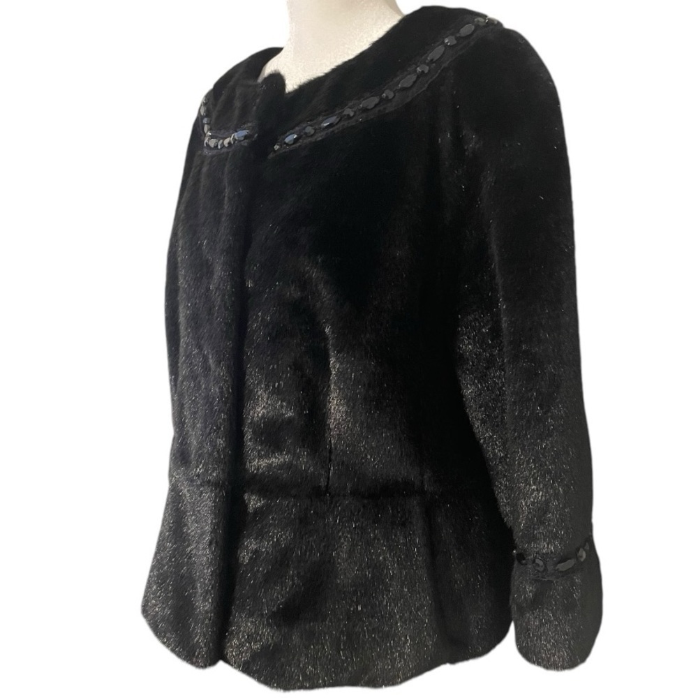 Terry Lewis Classic Luxuries Cropped Faux Fur Black Beaded Jacket Sz M Formal - Picture 6 of 9